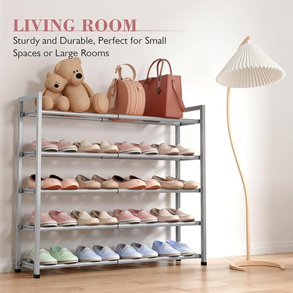 Bumusty 5-Tier Expandable Shoe Rack for Closet, 18“-33” Adjustable Shoe Rack for Small Space, Small Shoe Organizer for Front Door, Sturdy Metal, Light Grey