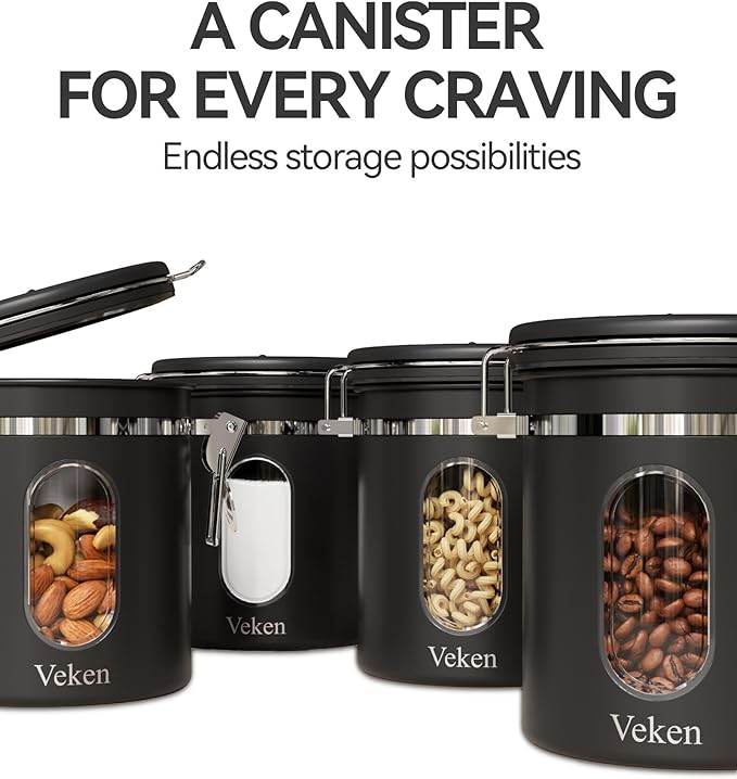 Veken Coffee Canister with Window, Family Choice Awards Winner, Airtight Stainless Steel Home Kitchen Food Storage Container with Lids for Grounds, Beans, Tea, Flour,Cereal,Sugar Jars,Scoop,16OZ,Black