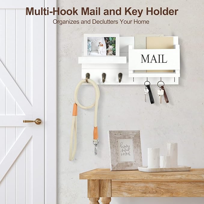 Mail Organizer for Wall Mount – Key Holder with Shelf Includes Letter Holder and Hooks for Hallway Farmhouse Decor – Rustic Wood with Flush Mounting Hardware (16.5” x 9.1” x 3.4”) (White)