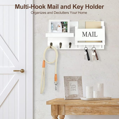 Mail Organizer for Wall Mount – Key Holder with Shelf Includes Letter Holder and Hooks for Hallway Farmhouse Decor – Rustic Wood with Flush Mounting Hardware (16.5” x 9.1” x 3.4”) (White)