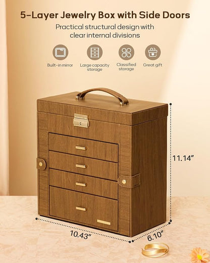 Homde Mothers Day Gifts Synthetic Leather Huge Jewelry Box Mirrored Watch Organizer Necklace Ring Earring Storage Lockable Gift Case (Brown + Gold)