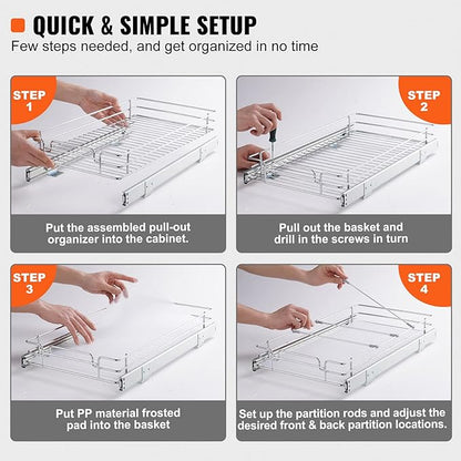 VEVOR 12.5"Wx21"Dx3.5"H Pull Out Cabinet Organizer, Heavy Duty Slide Out Pantry Shelves, Chrome-Plated Steel Roll Out Drawer, Drawer Storage for Home Under Sink, 14"Wx22"Dx7"H Install Size for Cabinet