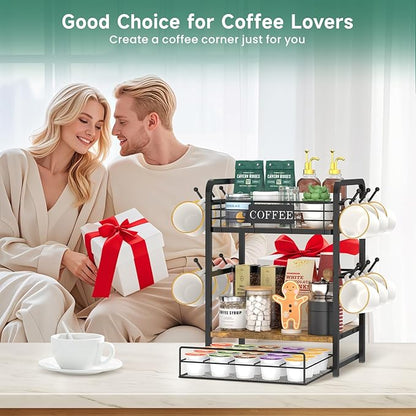 EsLuker.ly Coffee Bar Organizer Station Shelf Mug Holder, 3 Tier Coffee Cup Stand Rack for Countertop with 12 Hooks, K Cup Pod Organizer Drawer for Home Office, Keeps Essentials Tidy & Accessible