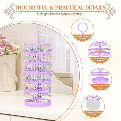 iDavosic.ly 6 Tier Rotating Earring Holder Organizer with Metal Tray, Adjustable Plastic Dangle Display Stands Tree with 342 Grooves, Large Hoop Storage Rack Tower, Purple