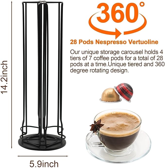 Vertuo Pod Holder Organizer for Nespresso, Holds 28 Pods, Lazy Susan Platform- Pinano Black, Ideal for Small Kitchens, Coffee Bars,Office break rooms- ONLY for Any VertuoLine Setup