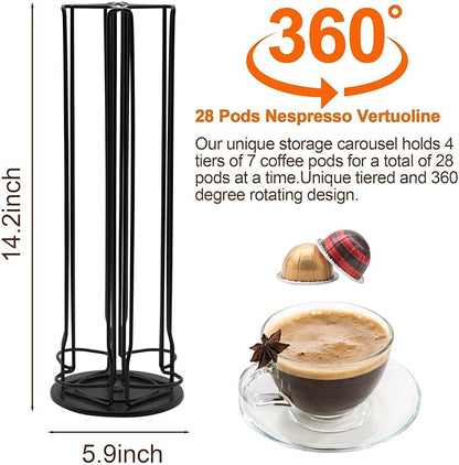 Vertuo Pod Holder Organizer for Nespresso, Holds 28 Pods, Lazy Susan Platform- Pinano Black, Ideal for Small Kitchens, Coffee Bars,Office break rooms- ONLY for Any VertuoLine Setup