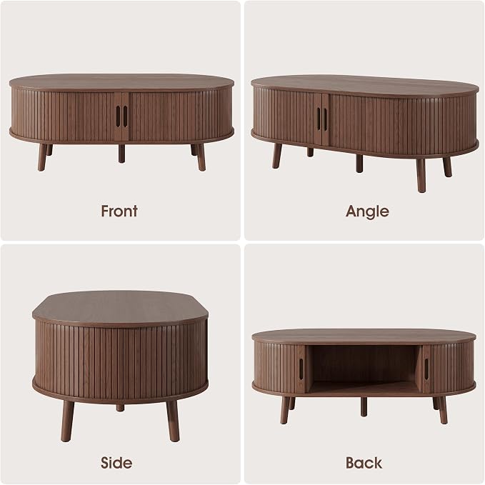 Alohappy 42.5"W Oval Coffee Table, Mid Century Modern Coffee Table with Sliding Tambour Door, Fluted Center Table with Hidden Storage, Curved Profile Dining Table for Living Room, Home Office, Walnut