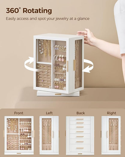 Glimmloop 360° Rotating Jewelry Box with 7 Drawers, Spacious Vertical Jewelry Organizer with Glass Window, Jewelry Storage Case, Dustproof & Moisture-resistant Design, White