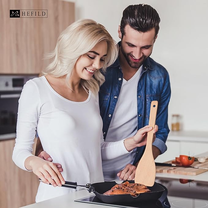 2PCS Wooden Spatulas for Cooking, 13inch Uncoated Beech Wood Turners for Frying, Non-Scratch Wood Flat Spurtle for Pan & Wok, Wooden Cooking Utensils for Non Stick Cookware, Long Handle Scraper