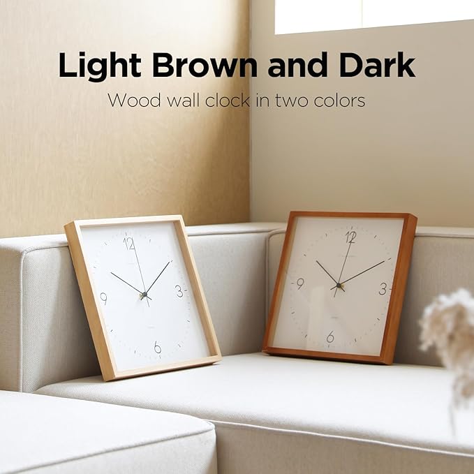 mooas Wooden Frame Flatwood Wall Clock,12" Non-Ticking Sweep Movement Decorative Wood Battery Operated Wall Clock for Home Living Room Kitchen Bedroom Office School Cafe (Light Brown)