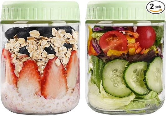SHOWIN Overnight Oats Containers with Lids, 16oz Glass Jars with Lids 2 pcs, Light Green, Wide Mouth Mason jars for Salad, Yogurt, Snacks, Meal Prep