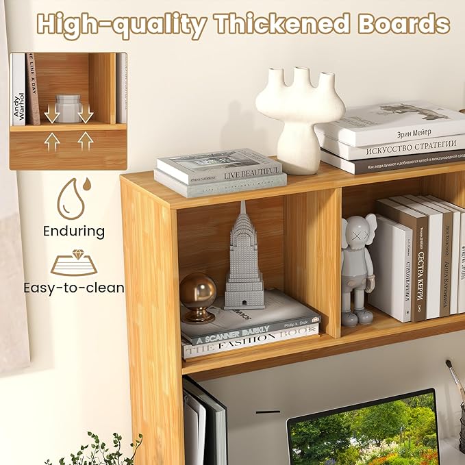 Desk Hutch, Desktop Shelf with 4 Shelves, Desk Bookshelf w/Anti-Toppling Devices, Wood Table Top Bookshelf Organizer, Small Desk Shelf for Study, Office, Dorm (Burlywood, 4 Shelves)