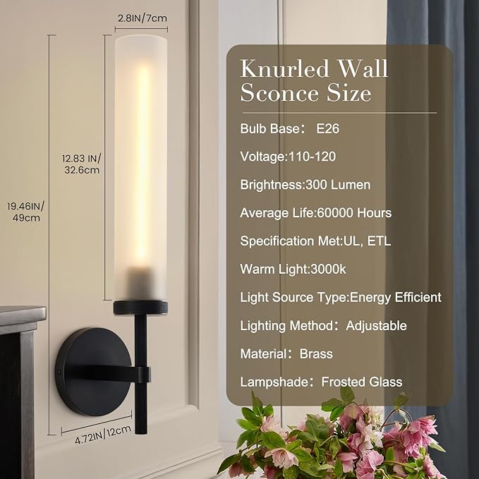 Modern Hardwired Frosted Glass Bathroom Black Wall Sconce, Handmade Knurled Wall Light Fixture,Vanity Light for Living Room,Hallway, Bedroom, 20" Indoor Wall Lamp, Bulb Included