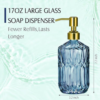 COHOSEGE 17 Oz Blue Glass Kitchen Soap Dispenser for Dish Soap, 2 Pack Bathroom Soap Dispenser Set with Gold Rust Proof Pump for Lotion, Hand soap or Body Wash