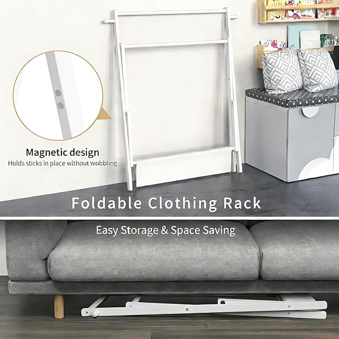 Kids Clothing Rack, Small Clothes Rack for Toddler Pets, Kids Dress Up Rack with Storage Shelf & Double Rods, Foldable Kids Clothes Rack for Nursery Child's Room (Regular Size - White)