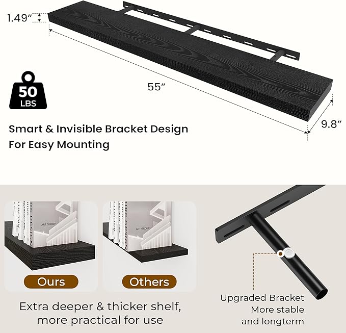 Dreamland 55 Inches Floating Shelves for Wall, 9.8" Deep Long Floating Shelves Set of 2, Large Display & Storage Shelf, Wall Shelf for Bathroom Bedroom Living Room Kitchen Office, Black