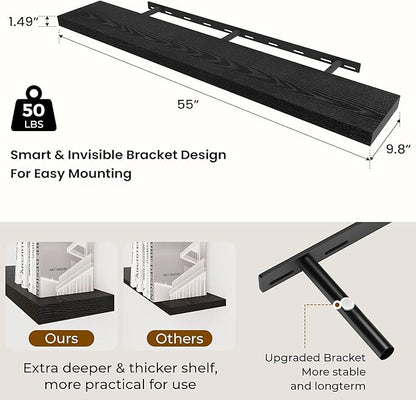 Dreamland 55 Inches Floating Shelves for Wall, 9.8" Deep Long Floating Shelves Set of 2, Large Display & Storage Shelf, Wall Shelf for Bathroom Bedroom Living Room Kitchen Office, Black