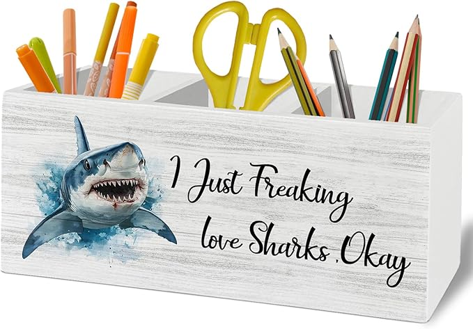 Shark Decor, Shark Bathroom Decor, Pen Pencil Holder Organizer for Desk Accessories, I Just Freaking Love Sharks Okay Wooden Box Sign Desk for Home Office Decoration