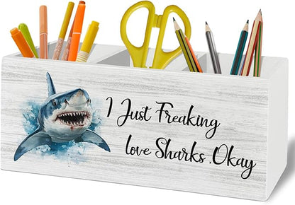 Shark Decor, Shark Bathroom Decor, Pen Pencil Holder Organizer for Desk Accessories, I Just Freaking Love Sharks Okay Wooden Box Sign Desk for Home Office Decoration