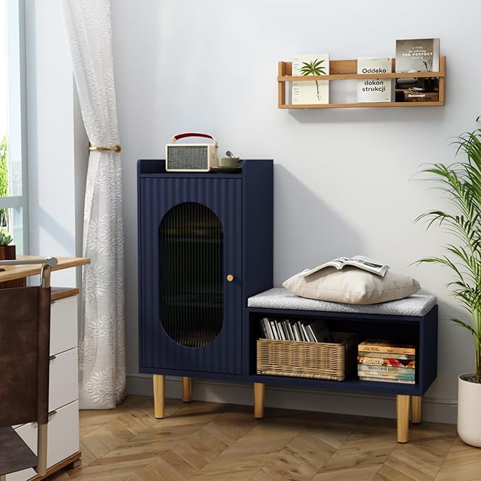 HLR Storage Bench Set of 2, Blue Modern Entryway Shoe Cabinet Bench with Glass Door&Shelf, L-Shaped Storage Cabinet with Padded Seat for Hallway, Bedroom, Living Room, Office