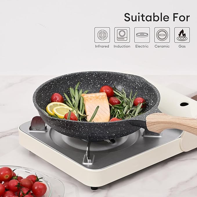JEETEE Nonstick Frying Pans Set, Nonstick Omelette Skillet Set 3 Pcs, 8" 9.5" 11" Granite Non-Stick Frying pan with Bakelite Handle, Compatible with All Stovetops (Gas, Electric & Induction), Grey