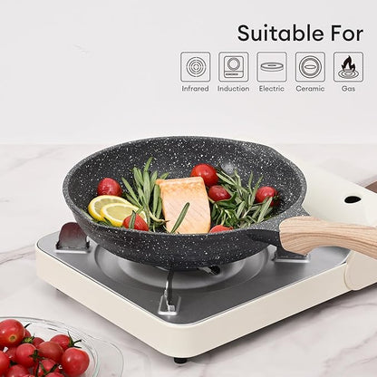 JEETEE Nonstick Frying Pans Set, Nonstick Omelette Skillet Set 3 Pcs, 8" 9.5" 11" Granite Non-Stick Frying pan with Bakelite Handle, Compatible with All Stovetops (Gas, Electric & Induction), Grey
