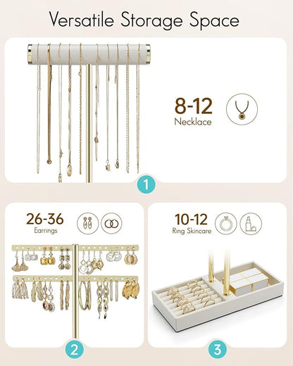 Vlando 2 Tier Necklace Holder Organizer with Tray, Leather Bracelet Holder Display for Women, Gold Jewelry Holder Stand for Bracelet, Necklace, Earrings, Rings - Cloud White