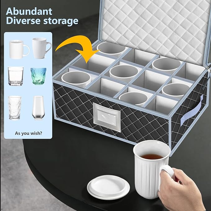 Mug and Cup Storage Box with Dividers - 2 Pack China Storage Bin Containers Holds 24 Glassware, Stackable Coffee Mug Organizer Bin and Tea Cup with 2 Metal Zipper,Label and Handles (Grey)