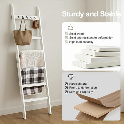 TEAKMAMA 6-Tier Blanket Ladder for Living Room and Bedroom,5.4 Ft Wall Leaning Quilt Rack with Hooks,Rustic Decorative Farmhouse Blanket Storage,Stylish Ladder Holder,Easy to Assemble,White