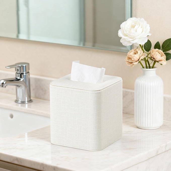 Cretkhp Square Tissue Box Cover with Magnetic Closure, Modern PU Leather Tissue Box Holder for Bathroom Vanity Countertop Night Stands Bedroom Office Desk, Stylish Cube Tissue Holder (Cream)