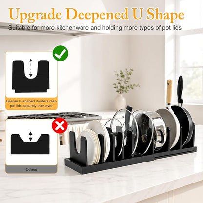 MinBoo Bamboo Expandable Pot Lid Organizer, Pot and Pan Organizer Drawer Organizer for Pot Lids, Adjustable 10 U-Shaped Dividers for Kitchen Cabinet Organizers and Storage,Black