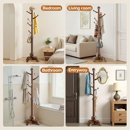 Hall Tree, Freestanding Wood Tree Rack with 7 Hooks, Coat Rack with Stable Sphere Base, Wooden Coat Rack Stand, Load 210 lb, Coat Hanger Stand for Entryway, Hallway, Bedroom, H:72 in, Walnut