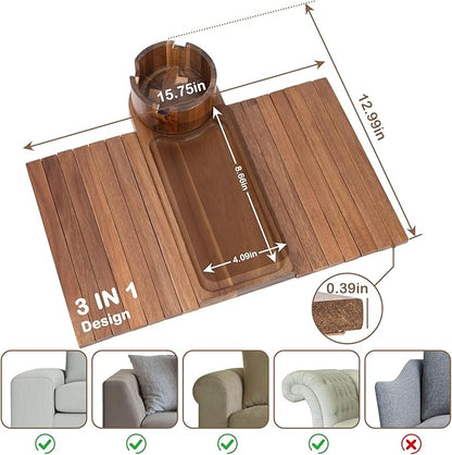 Couch Cup Holder for Armrests Over 4.9" Wide, Acacia Wood Couch Arm Tray with 360° Rotating Cup Holder, 3 in 1 Foldable Sofa Arm Tray Table for Remote, Snacks, Phone, Drinks