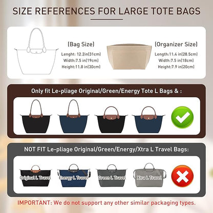 Doxo Felt Purse Organizer Insert,Handbag Organizer Compatible with Longchamp Le-pliage Large and More, Long Champ Bag Organizer Keeps Tote Handbags Shaped & Neat (Beige,Large)