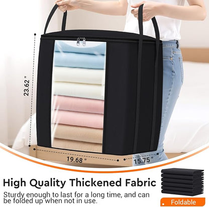 TasticTotes 120L Extra Large Clothes Storage Bags, Foldable Blanket Storage and Organization, Thick Fabric Containers with Reinforced Handles & Zippers for Clothing, Comforters, Bedding, Black, 2 Pack