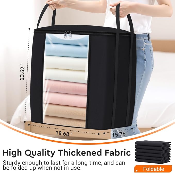TasticTotes 120L Extra Large Clothes Storage Bags, Foldable Blanket Storage and Organization, Thick Fabric Containers with Reinforced Handles & Zippers for Clothing, Comforters, Bedding, Black, 1 Pack