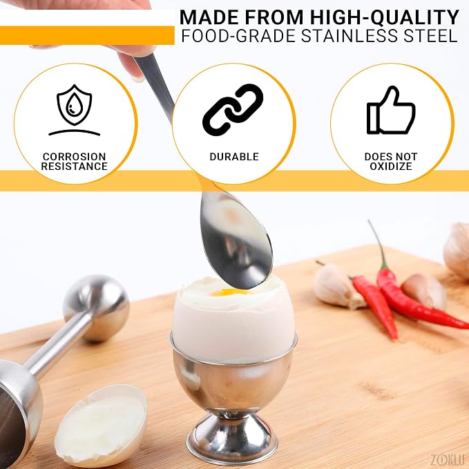 Egg Shell Opener Set – 2 Pcs Egg Cups for Soft Boiled Eggs & 2 Pcs Spoons, Rust-Resistant Stainless Steel, Fits Most Eggs Sizes - Ergonomic Design, Adjustable Effort for Effortless & Precise Cracking