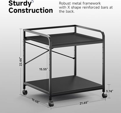 Warmiehomy 2 Tier Printer Stand with Storage, 22 Inches(55cm x 50cm) Under Desk Rolling Printer Cart with Height Adjustable Shelf, Large Printer Table for Home Office, Black