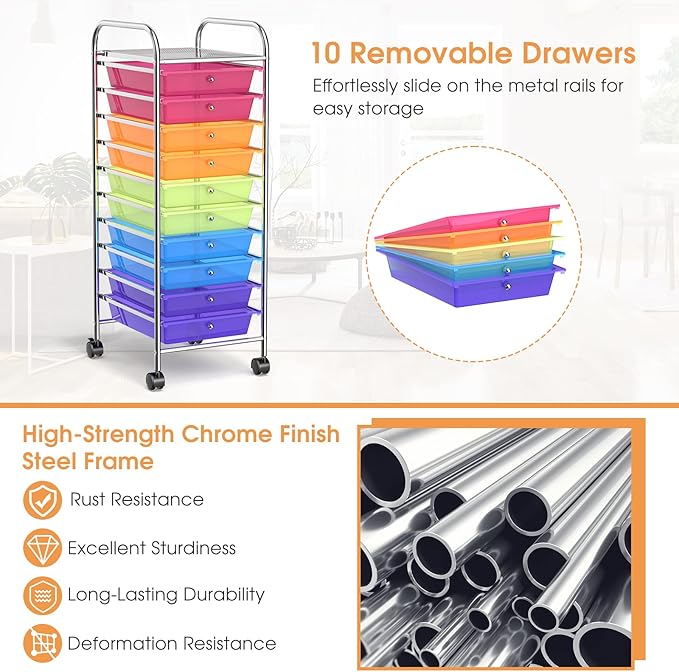 OFFICEJOY Storage Cart, Rolling Utility Cart with 10 Drawers, Portable Handles & Lockable Wheels, Mobile Paper Toys Storage Organizer Large Capacity for Home Office School Teacher (Rainbow)