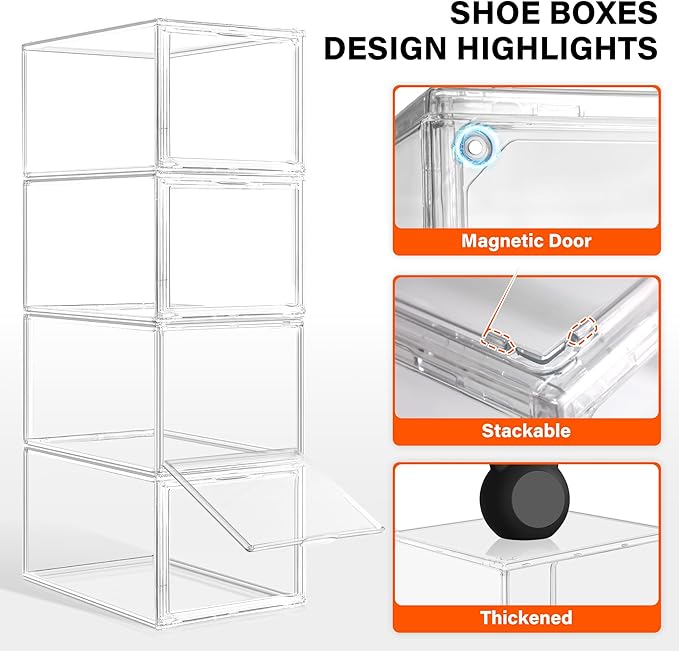 12 Pack Acrylic Shoe Organizer, Drop Front Shoe Boxes Fit US Size 13, Clear Stackable Hat Organizer Case for Closet, Entryway, Underbed, Multiple Display Cases for Hats, Figures, Sneakers