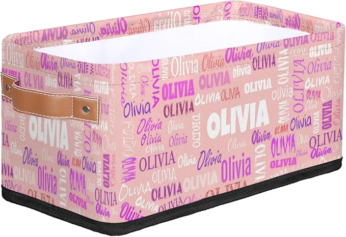 Personalized Narrow Storage Bins, Customized Name Pale Pink Storage Basket Rectangle Organizer for Organizing Kids Pets Toys Towels Socks Shelf Closet