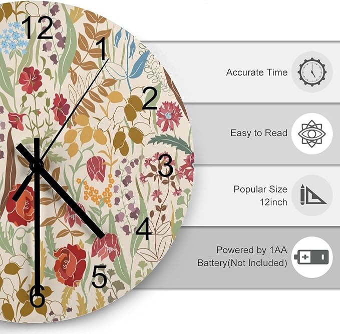 Retro Floral Wood Wall Clock, Vintage Flowers Botanical Garden Plants Herbs William Morris Style 12 Inch Silent Non-Ticking Battery Operated Round Clock for Bedroom Living Room Office Kitchen Decor
