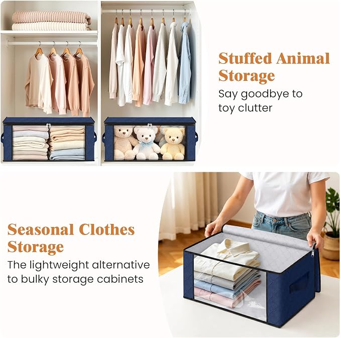 Fab totes 35L Closet Organizers and Storage, Foldable Under Bed Storage Containers, Storage bags for Organizing Bedroom, Closet, Clothing,Organization with Handle (8 Pack,Blue)