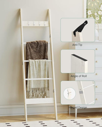 Hzuaneri Blanket Ladder Shelf for Living Room, Decorative Quilt Rack with 4 Removable Hooks, 5-Tier Farmhouse Ladder Holder Organizer for Bedroom, Rustic White BR02114W
