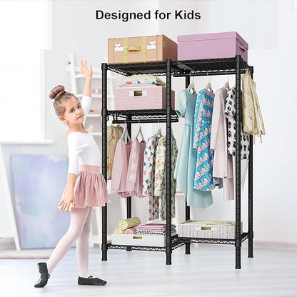 Ulif F1 Garment Rack for Kids, Baby, Students, and Children's Room, 4 Tiers Freestanding and Portable Heavy Duty Closets, Small Metal Clothes Rack with 2 Hanging Rod, 31.2" W x 11.8" D x 48" H, Black
