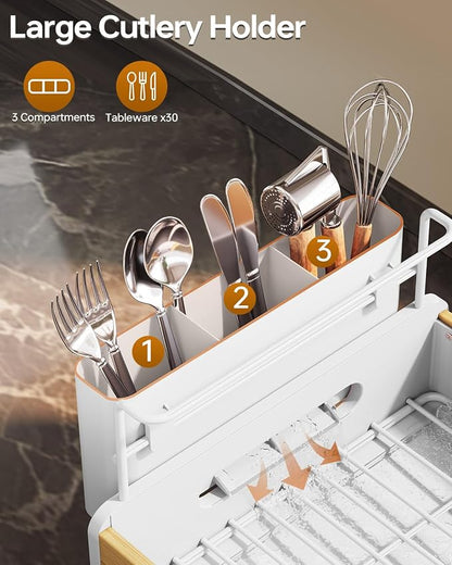 Urackify Dish Drying Rack for Kitchen Counter - Stainless Steel & Bamboo Dish Rack with Large Removable Utensil Holder, Dish Drainer with Adjustable Automatic Spout, White