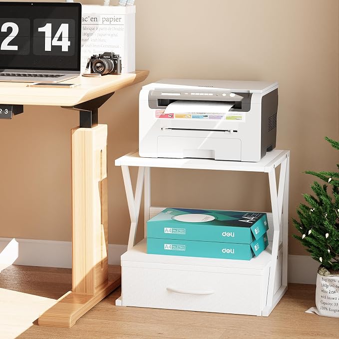 aboxoo Printer Stand for Desk with Storage Drawer, 2 Tier Desktop Or UnderDesk Shelf, Multi-Purpose Desk Organizer for Home Office, fit Fax Machine/3D Printer/Scanner, White