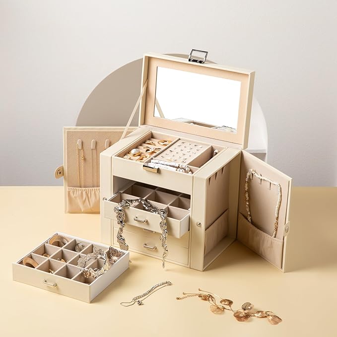 Frebeauty 5-layer Jewelry Box,Faux Leather Jewelry Organizer with 4 Drawers,Jewelry Organizers and Storage with Mirror,Jewelry Holder Organizer for Necklace,Jewerly Boxes for Women Girls(Beige)