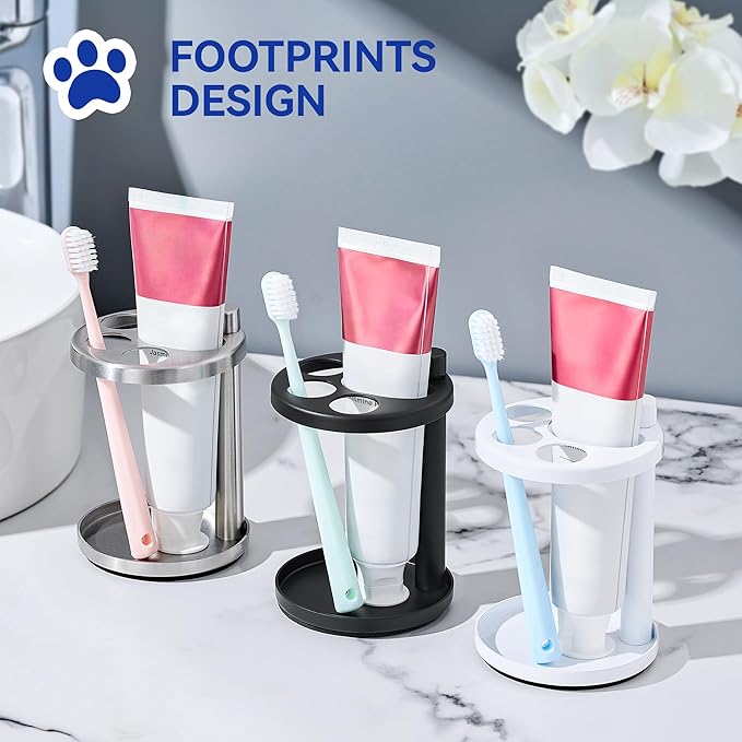 Toothbrush & Toothpaste Holder for Bathroom Countertop, Metal Electric Toothbrush Stand with Razor Slot, Ideal Design Caddy for Kids & Family, Stainless Steel Bathroom Accessories, White