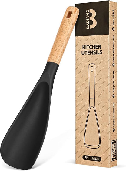Cooking Spoon for Nonstick Cookwares, Great for Cooking and Serving Sturdy BPA-Free Matte Silicone, Wood Handle Spoon for Mixing, Scoop, and Scrape (BLACK, 11.4 inch)